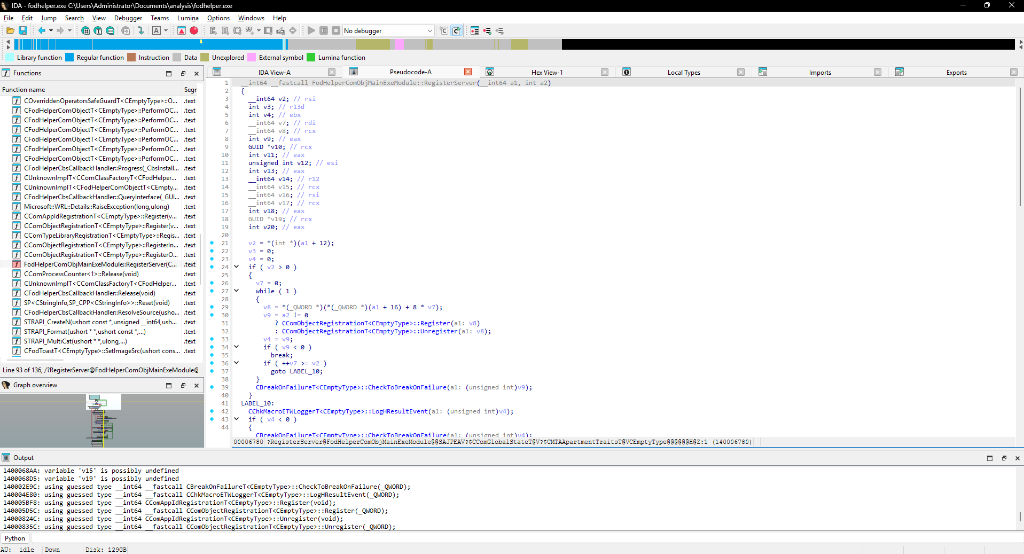 IDA Pro decompilation of fodhelper.exe — COM self-registration logic in pseudocode view