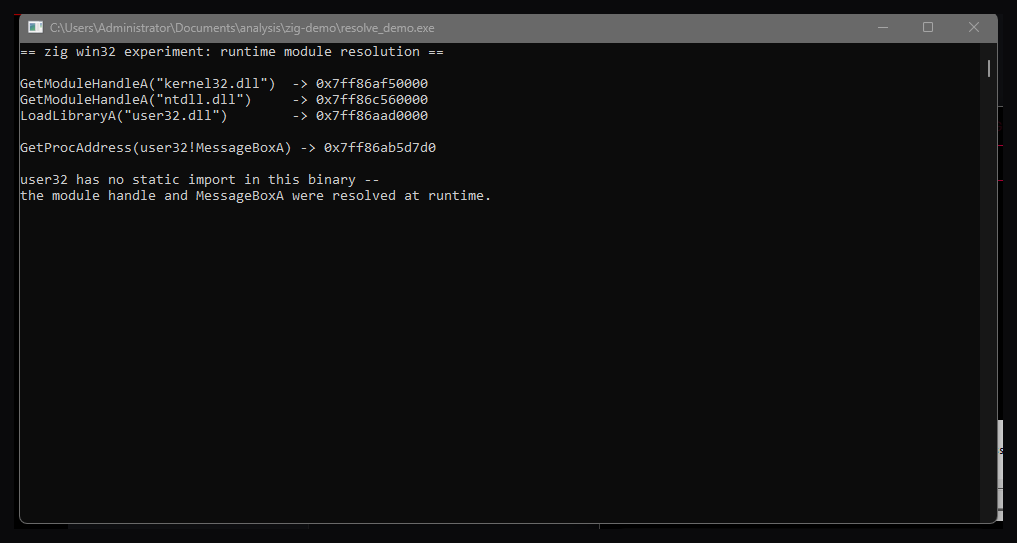 Zig experiment — runtime module resolution via GetModuleHandleA, LoadLibraryA, GetProcAddress